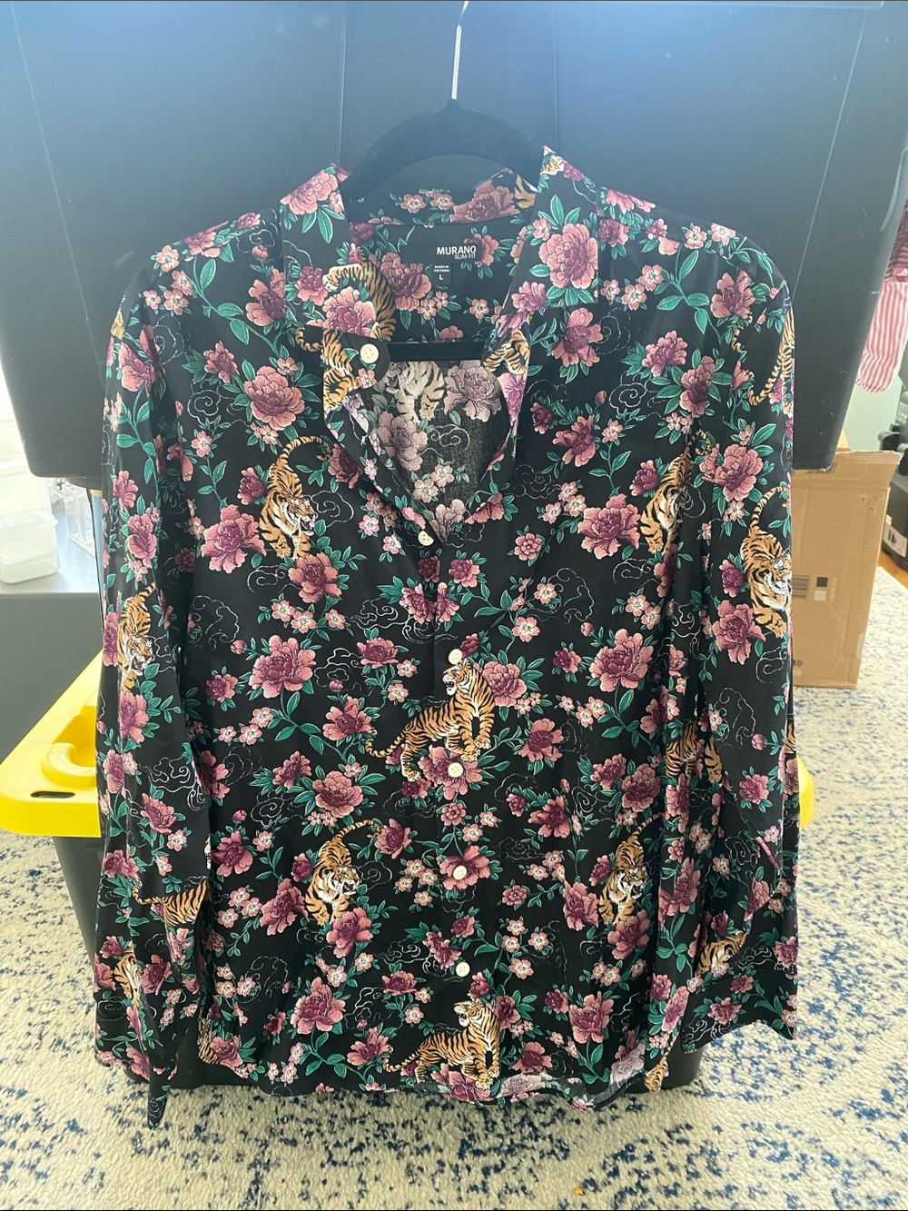 Murano Black Floral Tiger Print Button-Down Shirt